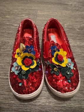 Dolce & Gabbana Red Sequin Slip-On Sneakers with Multicolor Floral Appliqués